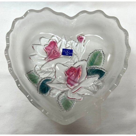Heart-Shaped Studio Nova Crystal Glass Bowl With Embossed Floral Design - Picture 1 of 3